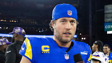 Jan 13, 2025; Glendale, AZ, USA; Los Angeles Rams quarterback Matthew Stafford (9) against the Minnesota Vikings during an NFC wild card game at State Farm Stadium. Mandatory Credit: Mark J. Rebilas-Imagn Images