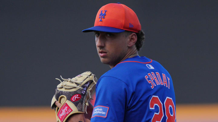 Mar 15, 2024; Port St. Lucie, Florida, USA; New York Mets pitcher Brandon Sproat (28) warms-up in the sixth inning against the Washington Nationals in the Spring Breakout game at Clover Park. Mandatory Credit: Jim Rassol-USA TODAY Sports