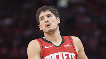 Feb 9, 2025; Houston, Texas, USA; Houston Rockets guard Reed Sheppard (15) reacts after a play during the game against the Toronto Raptors at Toyota Center. Mandatory Credit: Troy Taormina-Imagn Images