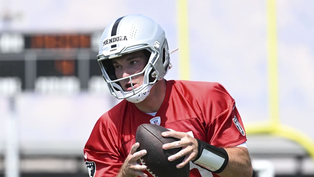 May 2, 2026; Henderson, NV, USA;  Las Vegas Raiders quarterback Fernando Mendoza (15) runs through a drill during a Rookie Minicamp at Intermountain Health Performance Center. Mandatory Credit: Candice Ward-Imagn Images
