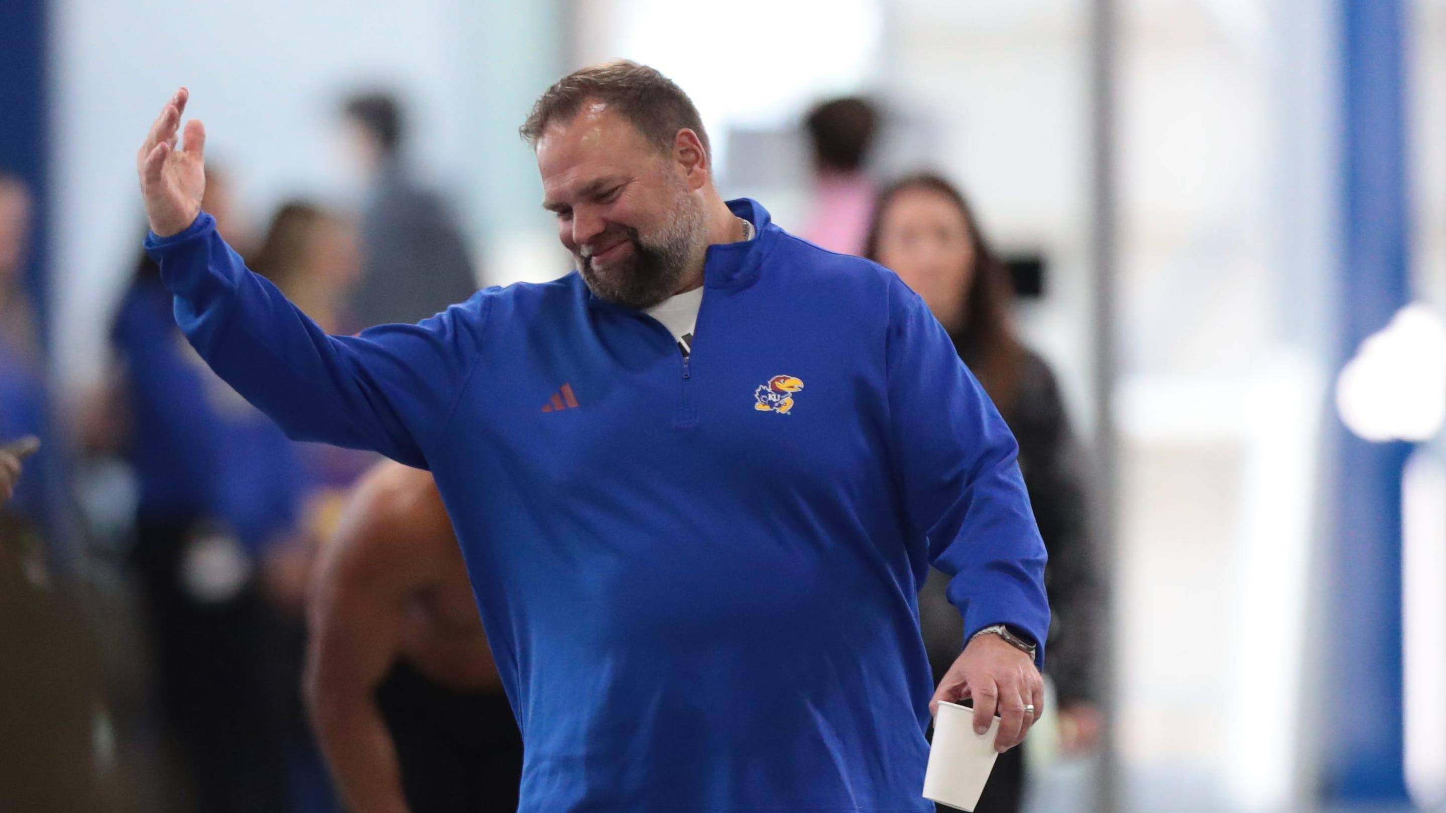 Kansas football associate head coach Andy Kotelnicki waves his hand during Pro Day at the University of Kansas on Wednesday, March 11, 2026. | Evert Nelson/The Capital-Journal / USA TODAY NETWORK via Imagn Images