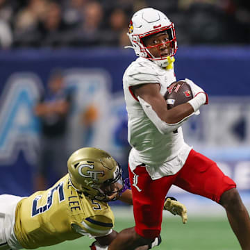 Sep 1, 2023; Atlanta, Georgia, USA; Louisville Cardinals wide receiver Jamari Thrash (1) runs after a catch against the Georgia Tech Yellow Jackets in the fourth quarter at Mercedes-Benz Stadium. Mandatory Credit: Brett Davis-Imagn Images