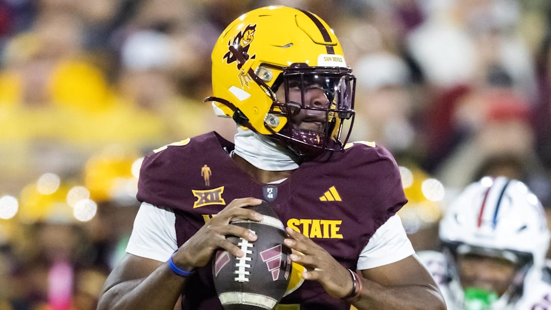 Nov 28, 2025; Tempe, Arizona, USA; Arizona State Sun Devils quarterback Jeff Sims (2) against the Arizona Wildcats during the 99th Territorial Cup at Mountain America Stadium. Mandatory Credit: Mark J. Rebilas-Imagn Images