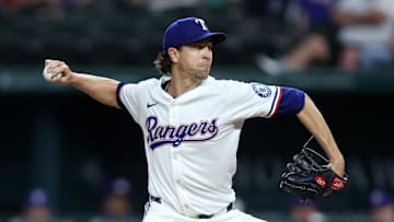 Apr 29, 2025; Arlington, Texas, USA; Texas Rangers pitcher Jacob deGrom (48) throws a pitch during the first inning against the Oakland Athletics at Globe Life Field. Mandatory Credit: Tim Heitman-Imagn Images