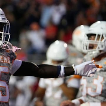 Tray Dunson (5) of UTEP celebrates his team scoring the first touchdown of the game against Southern Utah at the Sun Bowl Stadium in El Paso, Texas on Sept. 7, 2024.