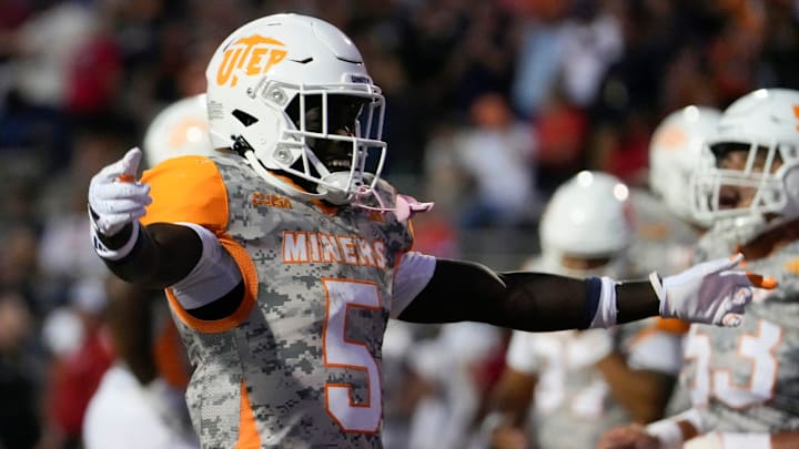 Tray Dunson (5) of UTEP celebrates his team scoring the first touchdown of the game against Southern Utah at the Sun Bowl Stadium in El Paso, Texas on Sept. 7, 2024.