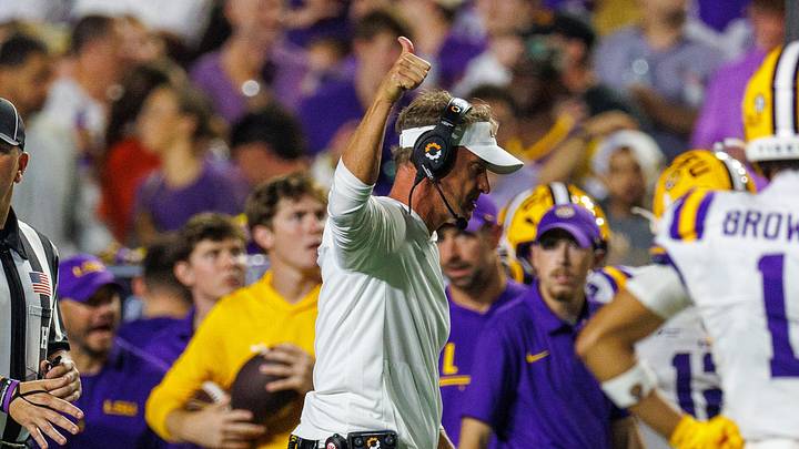 Sep 5, 2026; Baton Rouge, Louisiana, USA;  LSU Tigers head coach Lane Kiffin reacts to a play against Clemson Tigers during the first half at Tiger Stadium.  Mandatory Credit: Stephen Lew-Imagn Images