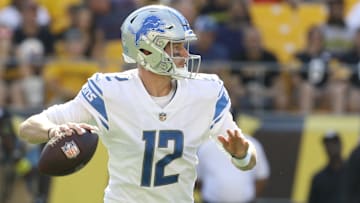 Aug 28, 2022; Pittsburgh, Pennsylvania, USA;  Detroit Lions quarterback Tim Boyle (12) looks to pass against the Pittsburgh Steelers during the first quarter at Acrisure Stadium.