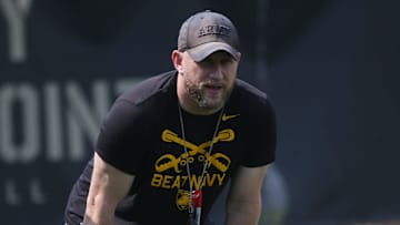 Army football offensive line coach Matt Drinkall during practice on July 30, 2024.
