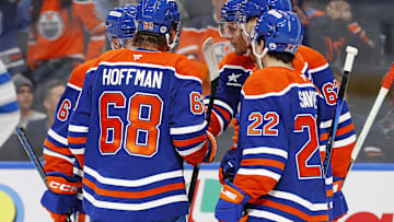 The Edmonton Oilers celebrate a goal scored by forward Raphael Lavoie (62) during the third period against the Winnipeg Jets.