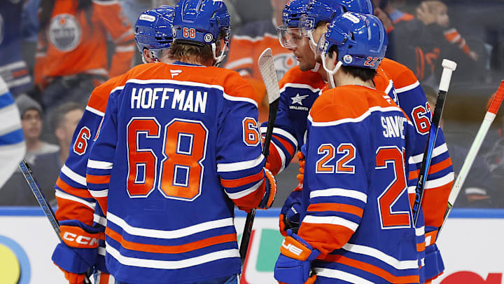 The Edmonton Oilers celebrate a goal scored by forward Raphael Lavoie (62) during the third period against the Winnipeg Jets.