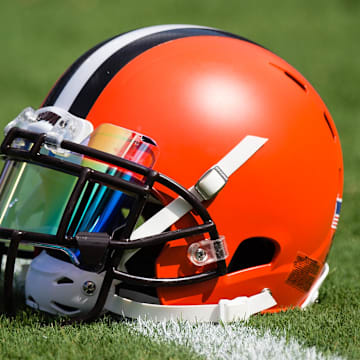 Sep 17, 2017; Baltimore, MD, USA; A Cleveland Browns helmet sits on the field before a game against the Baltimore Ravens at M&T Bank Stadium. Mandatory Credit: Patrick McDermott-Imagn Images