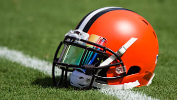 Sep 17, 2017; Baltimore, MD, USA; A Cleveland Browns helmet sits on the field before a game against the Baltimore Ravens at M&T Bank Stadium. Mandatory Credit: Patrick McDermott-Imagn Images