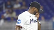 Miami Marlins pitcher Sixto Sánchez (18) walks off the mound against the Colorado Rockies in the first inning at loanDepot Park. 