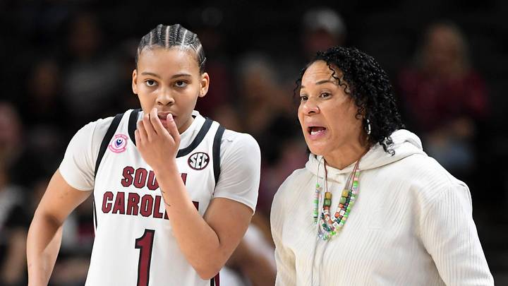 South Carolina Gamecocks guard Maddy McDaniel (1) talks to South Carolina Gamecocks head coach Dawn Staley Friday, March 6, 2026, during the SEC Women's Basketball Tournament quarterfinals game against the Kentucky Wildcats at Bon Secours Wellness Arena in Greenville, South Carolina.