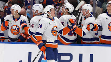 Dec 6, 2025; Tampa, Florida, USA; New York Islanders center Calum Ritchie (64) is congratulated after he scored a goal against the Tampa Bay Lightning during the third period at Benchmark International Arena. Mandatory Credit: Kim Klement Neitzel-Imagn Images