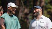 Travis Kelce and brother Jason Kelce talk on the 4th tee during the first round of the American Century Celebrity Championship golf tournament at Edgewood Tahoe Golf Course in Stateline, Nev., Friday, July 12, 2024.