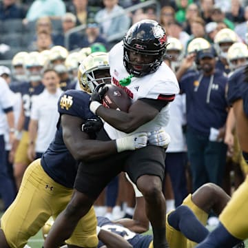 Notre Dame defensive lineman R.J. Oben tackles Northern Illinois running back Antario Brown during a NCAA college football game between Notre Dame and Northern Illinois at Notre Dame Stadium on Saturday, Sept. 7, 2024, in South Bend.