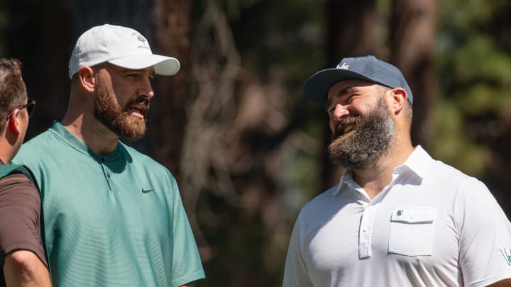 Travis Kelce and brother Jason Kelce talk on the 4th tee during the first round of the American Century Celebrity Championship golf tournament at Edgewood Tahoe Golf Course in Stateline, Nev., Friday, July 12, 2024.