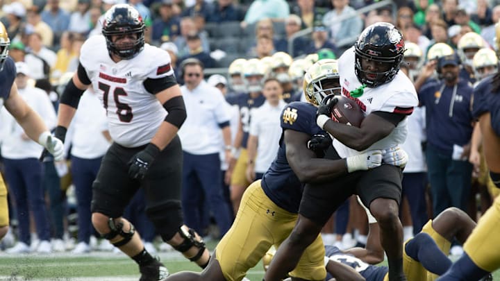 Notre Dame defensive lineman R.J. Oben tackles Northern Illinois running back Antario Brown during a NCAA college football game between Notre Dame and Northern Illinois at Notre Dame Stadium on Saturday, Sept. 7, 2024, in South Bend.