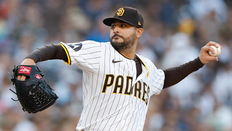 Aug 3, 2024; San Diego, California, USA; San Diego Padres starting pitcher Martin Perez (54) throws against the Colorado Rockies during the fifth inning at Petco Park. Mandatory Credit: David Frerker-USA TODAY Sports