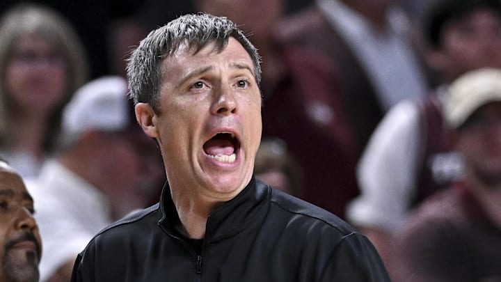 Mar 3, 2026; College Station, Texas, USA; Texas A&M Aggies head coach Bucky McMillan reacts during the second half against the Kentucky Wildcats at Reed Arena. Mandatory Credit: Maria Lysaker-Imagn Images 