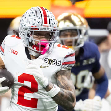 Ohio State Buckeyes wide receiver Emeka Egbuka (2) against the Notre Dame Fighting Irish during the CFP National Championship.