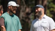 Travis Kelce and brother Jason Kelce talk on the 4th tee during the first round of the American Century Celebrity Championship golf tournament at Edgewood Tahoe Golf Course in Stateline, Nev., Friday, July 12, 2024.