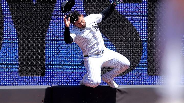 May 7, 2026; Bronx, New York, USA; New York Yankees left fielder Jasson Dominguez (24) makes a catch against the wall on a fly ball by Texas Rangers designated hitter Brandon Nimmo (not pictured) during the first inning at Yankee Stadium. Dominguez was injured on the play and taken out of the game. Mandatory Credit: Brad Penner-Imagn Images