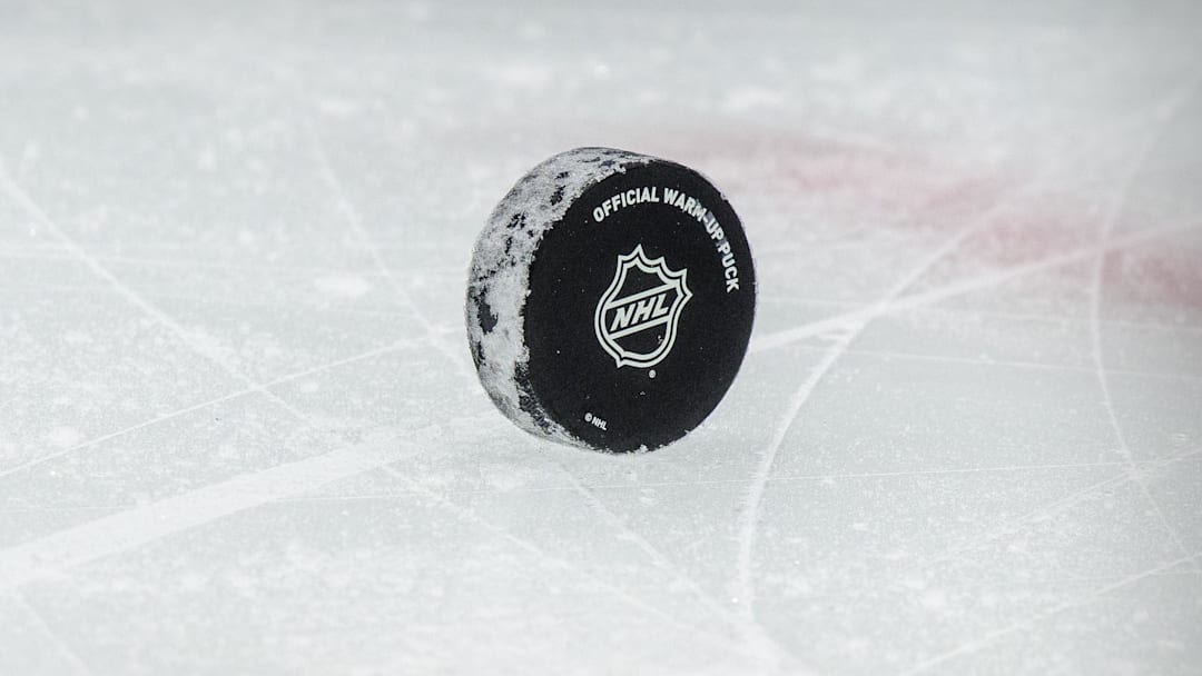Jan 26, 2021; Dallas, Texas, USA; A view of a puck and the NHL logo and the face-off circle before the game between the Dallas Stars and the Detroit Red Wings at the American Airlines Center. Mandatory Credit: Jerome Miron-Imagn Images
