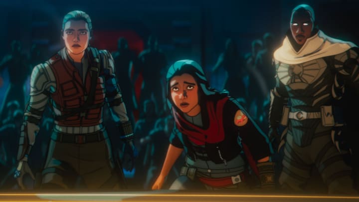 (L-R): Alexei Shostakov/ Red Guardian (voiced by David Harbour), Yelena Belova (voiced by Florence Pugh), Kamala Khan (voiced by Iman Vellani) and Blade Knight (voiced by Todd Williams) in Marvel Television's MARVEL ZOMBIES exclusively on Disney+. Photo courtesy of Marvel Television. © 2025 MARVEL.