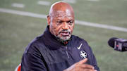 Ohio State defensive line coach Larry Johnson speaks to the meeting during a press conference before the start of spring football at the Woody Hayes Athletic Center on March 7, 2025.