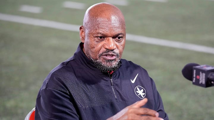 Ohio State defensive line coach Larry Johnson speaks to the meeting during a press conference before the start of spring football at the Woody Hayes Athletic Center on March 7, 2025. Ohio State defensive line coach Larry Johnson speaks to the meeting during a press conference before the start of spring football at the Woody Hayes Athletic Center on March 7, 2025.