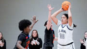 El Reno looks to pass during a 5A OSSAA girls basketball semifinal game between Coweta and El Reno, at Yukon High School in Yukon Okla., on Thursday, March 13, 2025.