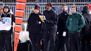  Maryland Terrapins head coach Michael Locksley (middle) looks on from the sideline during the third quarter against the Penn State Nittany Lions at Beaver Stadium. Penn State won 44-7.