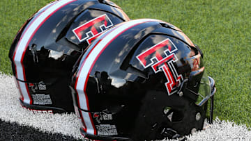 Sep 21, 2024; Lubbock, Texas, USA;  A general view of Texas Tech Red Raiders helmets on the turf before the game between the Arizona State Sun Devils and the Texas Tech Red Raiders at Jones AT&T Stadium and Cody Campbell Field. Mandatory Credit: Michael C. Johnson-Imagn Images