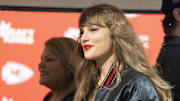 Nov 4, 2024; Kansas City, Missouri, USA; Recording artist Taylor Swift arrives prior to a game between the Tampa Bay Buccaneers and the Kansas City Chiefs at GEHA Field at Arrowhead Stadium. Mandatory Credit: Jay Biggerstaff-Imagn Images
