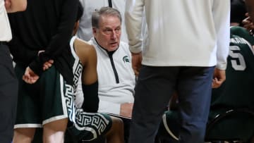 Feb 14, 2024; University Park, Pennsylvania, USA; Michigan State Spartans head coach Tom Izzo sits in the huddle during a timeout during the second half against the Penn State Nittany Lions at Bryce Jordan Center. Michigan State defeated Penn State 80-72. Mandatory Credit: Matthew O'Haren-USA TODAY Sports