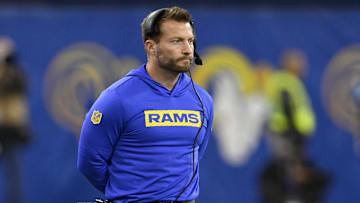 Nov 24, 2024; Inglewood, California, USA;  Los Angeles Rams head coach Sean McVay, center, watches from the sidelines during the second half against the Philadelphia Eagles at SoFi Stadium. Mandatory Credit: Alex Gallardo-Imagn Images