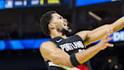 Oct 8, 2025; San Francisco, California, USA;  Portland Trail Blazers forward Toumani Camara (33) shoots against the Golden State Warriors during the second quarter at Chase Center. Mandatory Credit: John Hefti-Imagn Images
