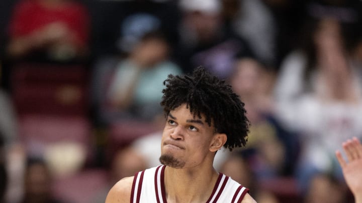 Feb 24, 2024; Stanford, California, USA; Stanford Cardinal forward Spencer Jones (14) reacts to making a 3-point basket against the Oregon State Beavers during the first half at Maples Pavilion. Mandatory Credit: D. Ross Cameron-USA TODAY Sports