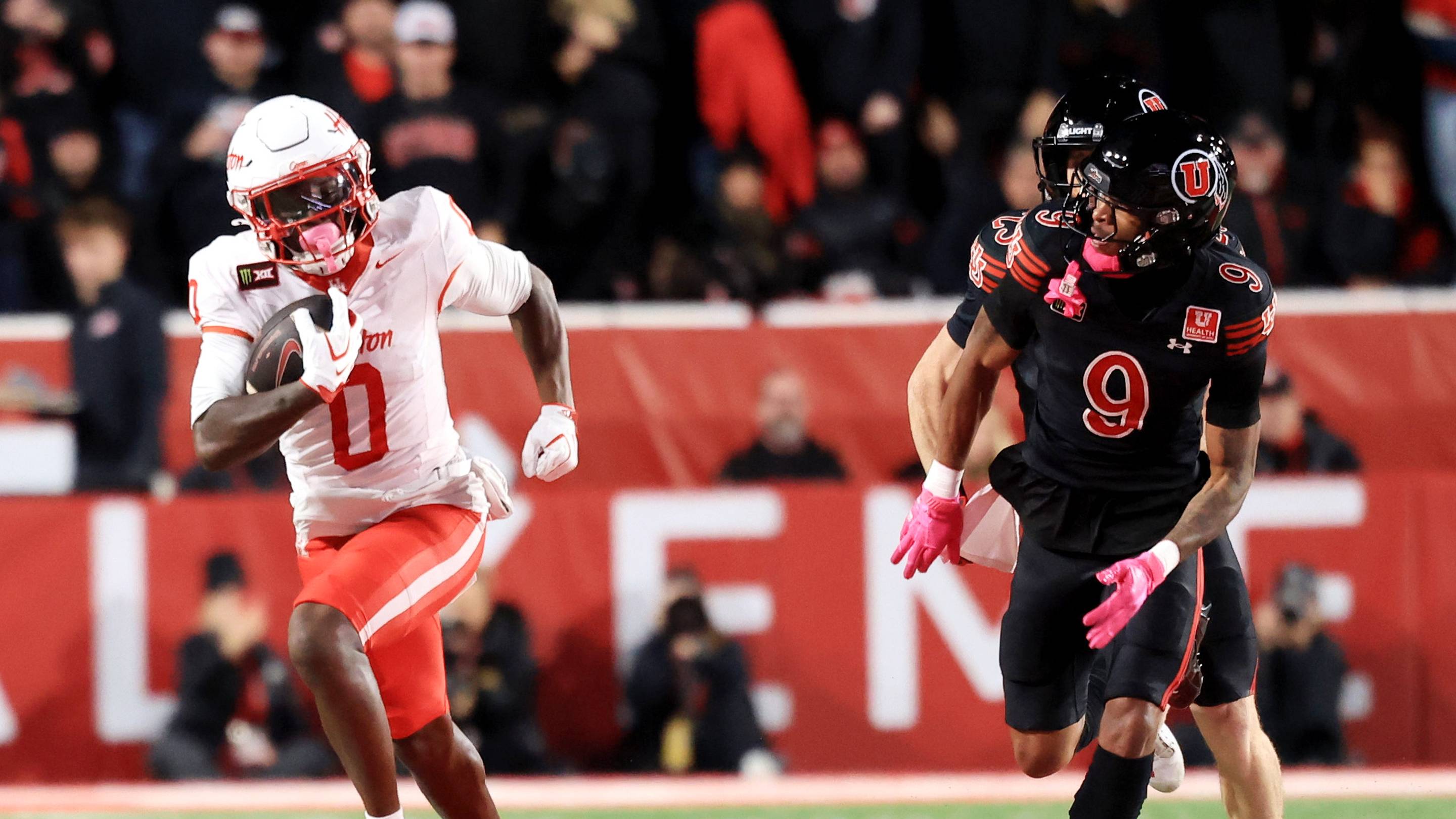Oct 24, 2026; Salt Lake City, Utah, USA; Houston Cougars wide receiver Amare Thomas (0) runs after making a catch during the second quarter against the Utah Utes at Rice-Eccles Stadium. Mandatory Credit: Rob Gray-Imagn Images | IMAGN IMAGES via Reuters Connect