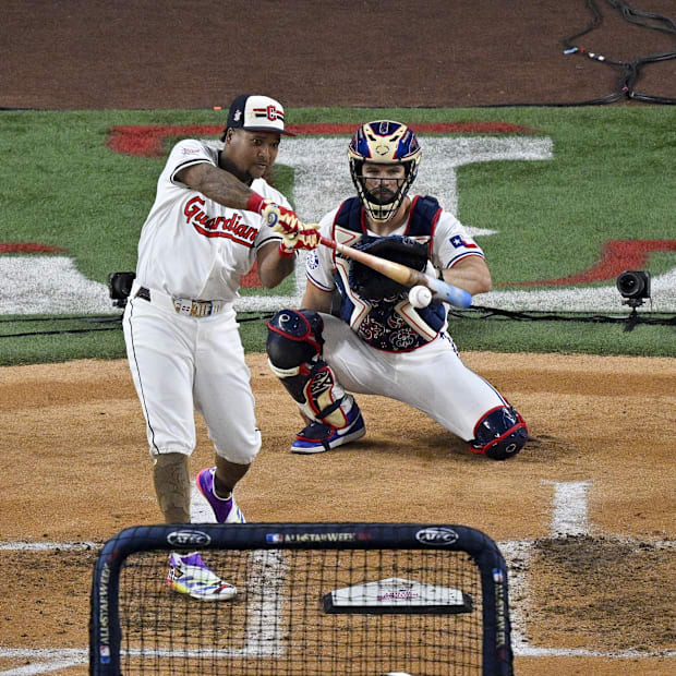 Jose Ramirez of the Cleveland Guardians (11) bats during the semi finals of the 2024 All Star Game Home Run Derby