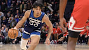 Feb 5, 2025; Minneapolis, Minnesota, USA; Minnesota Timberwolves guard Terrence Shannon Jr.  (00) controls the ball against the Chicago Bulls during the fourth quarter at Target Center. Mandatory Credit: Nick Wosika-Imagn Images