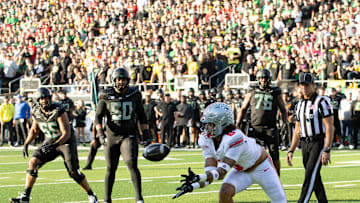Ohio State’s Lathan Ransom catches an Oregon two-point conversion attempt during the first quarter at Autzen Stadium Saturday, Oct. 12, 2024.