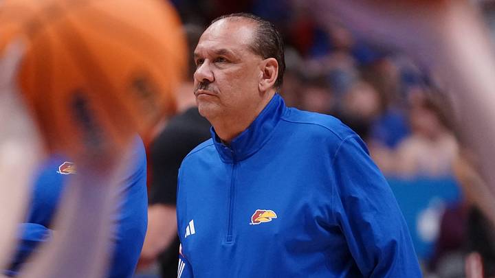 Kansas Jayhawks assistant coach Kurtis Townsend watches players warm up before taking on Houston Cougars for the game inside Allen Fieldhouse on Monday, Feb. 23, 2026.