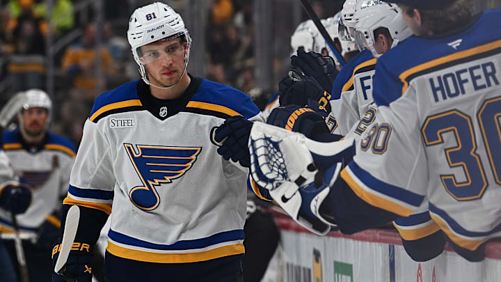 Blues forward Dylan Holloway after scoring a goal in Pittsburgh against the Penguins
