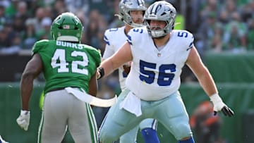 Dallas Cowboys guard Cooper Beebe (56) blocks Philadelphia Eagles linebacker Oren Burks (42) at Lincoln Financial Field.