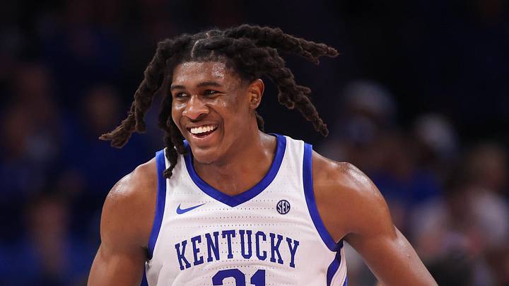 Dec 20, 2025; Atlanta, Georgia, USA; Kentucky Wildcats forward Jayden Quaintance (21) shows emotion against the St. John Red Storm in the second half at State Farm Arena. Mandatory Credit: Brett Davis-Imagn Images
