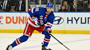 Jan 23, 2025; New York, New York, USA;  New York Rangers right wing Reilly Smith (91) looks for a pass against the Philadelphia Flyers during the first period at Madison Square Garden. Mandatory Credit: Dennis Schneidler-Imagn Images